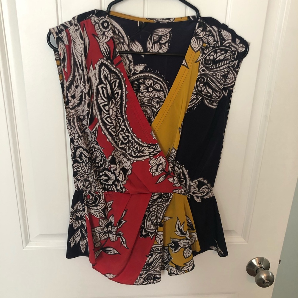 Multi-color deep v silk blouse